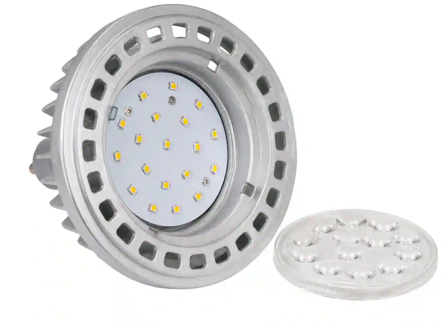 Detail LED čipů uvnitř reflektoru žárovky GU10 AR111